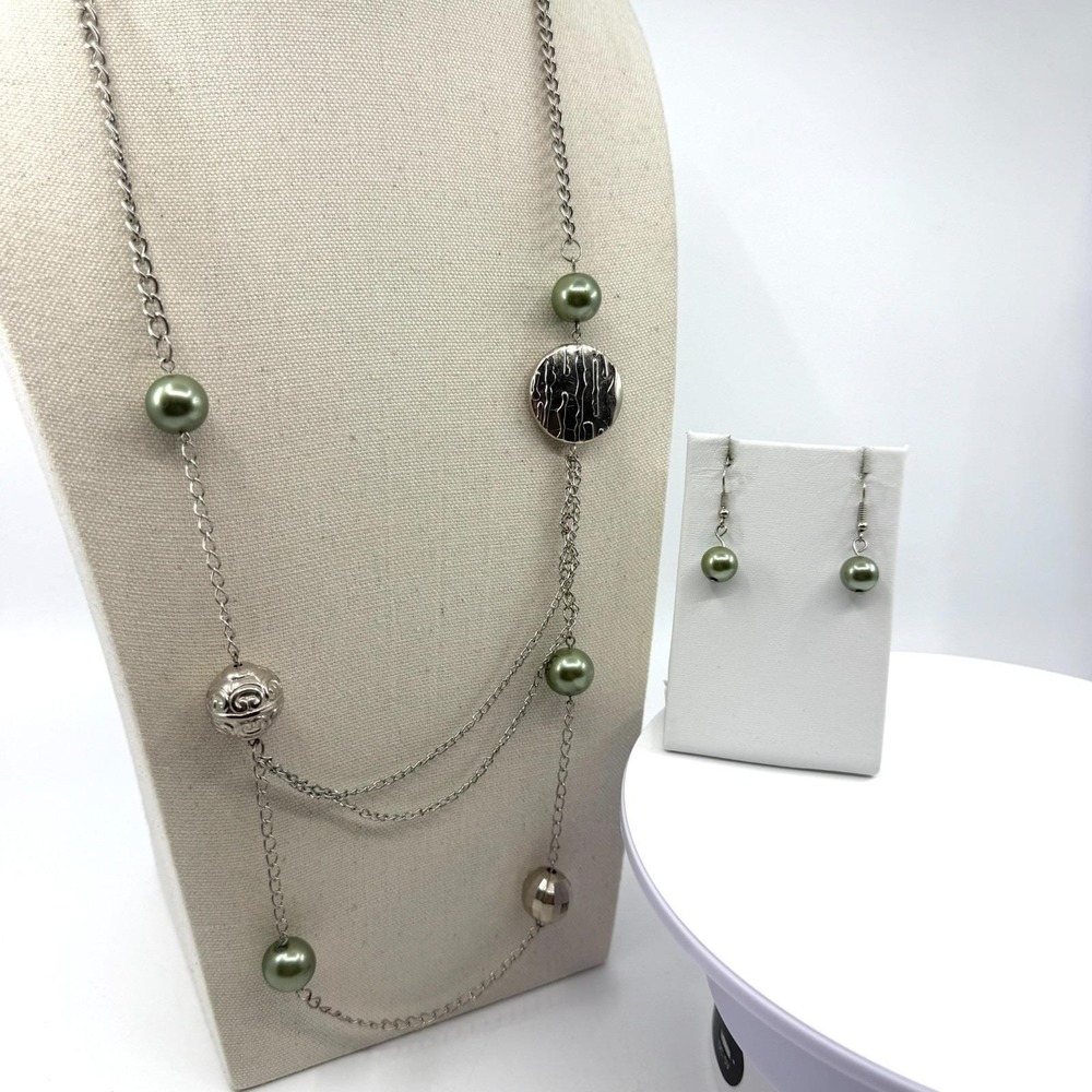 Sage Green Faux Pearl‎ Statement Necklace & Earrings Set Layering Festival Chic